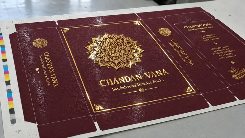 Incense carton sheet with gold foil, embossed mandala and spot UV