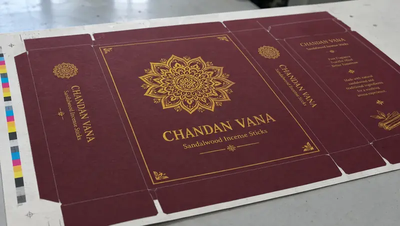 The same incense carton sheet in plain offset print, before finishing